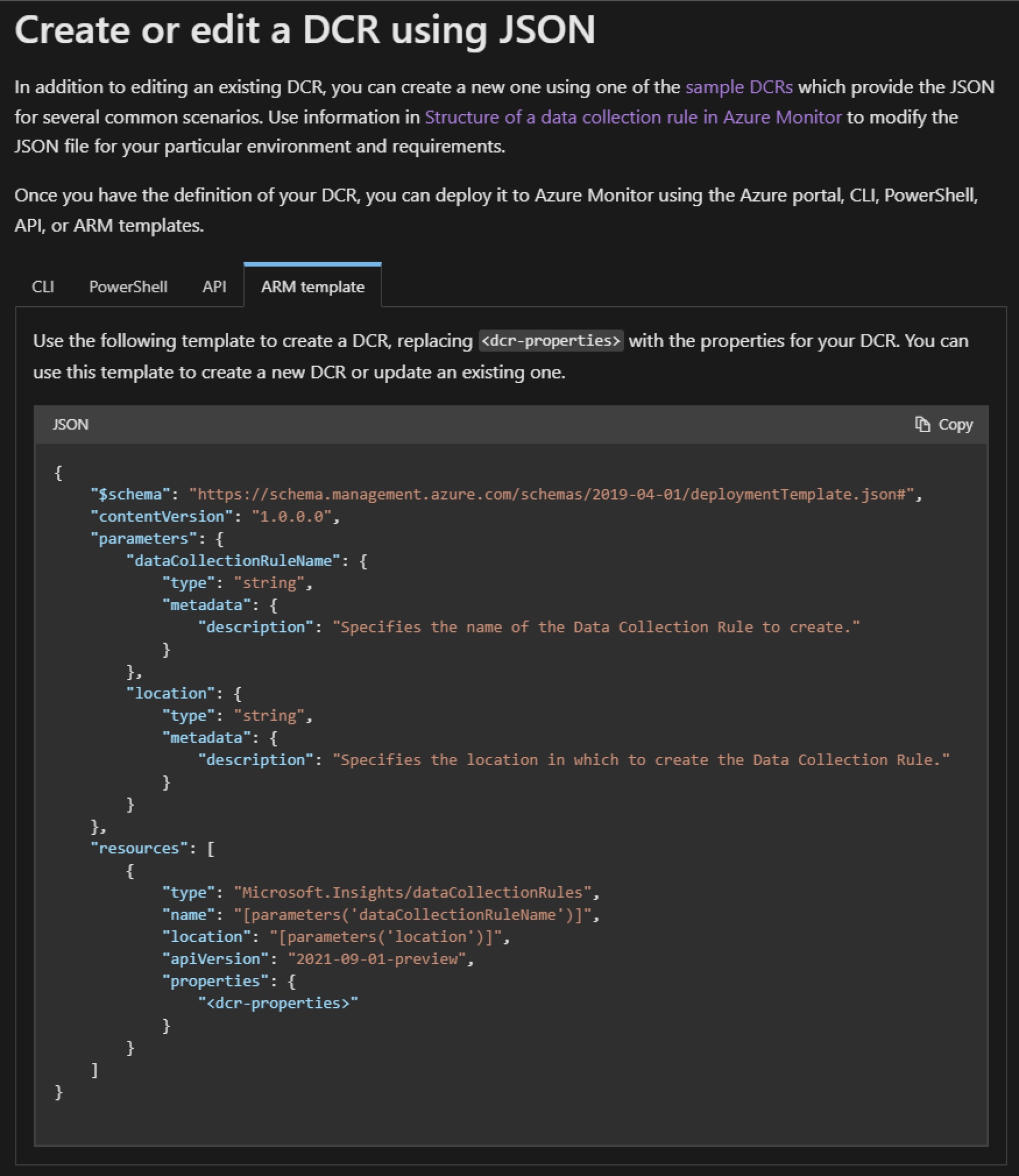 Note: You must replace DCR-properties with your own properties.